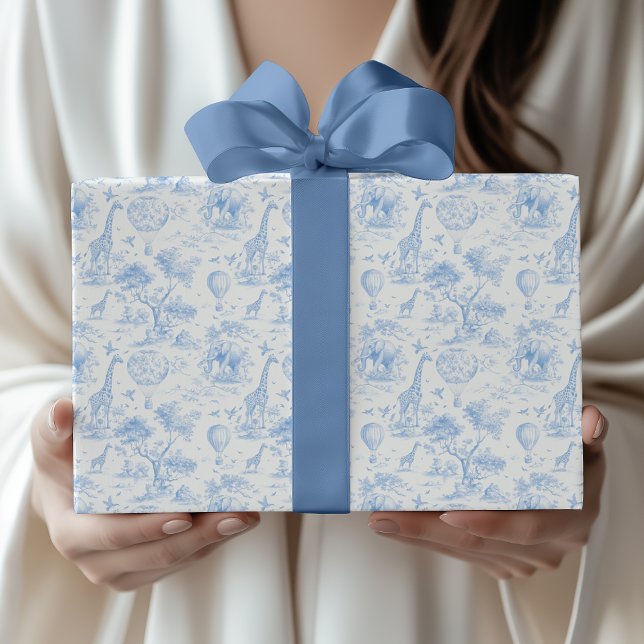 Blue Safari Toile de Jouy Baby Shower Wrapping Paper (Creator Uploaded)