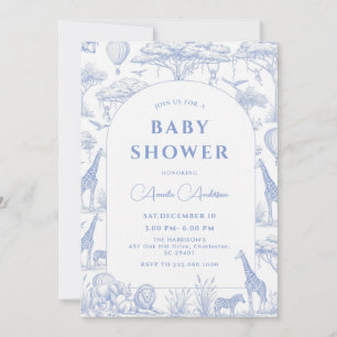 blue Safari Toile De Jouy Boy Baby Shower Invitation