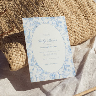 Blue Safari Toile De Jouy Boy Baby Shower Invitation
