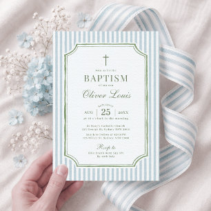 Blue Sage Green Stripe Boy Girl Baptism Invitation