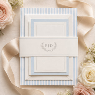 Blue & Sage Striped Monogram Wedding Invitation Belly Band
