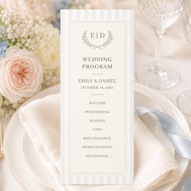 Blue & Sage Striped Monogram Wedding Programme (Creator Uploaded)