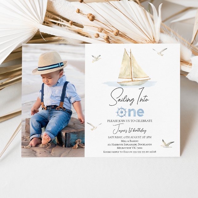 Blue Sail Boat Photo Sailing Into One 1st Birthday Invitation (Simple Sailing into One 1st Birthday Invitation Boy, Photo Nautical Themed First Birthday Invite)