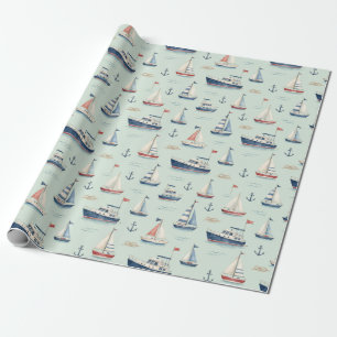 Blue Sailboat Anchor Watercolor Nautical Gift Wrapping Paper