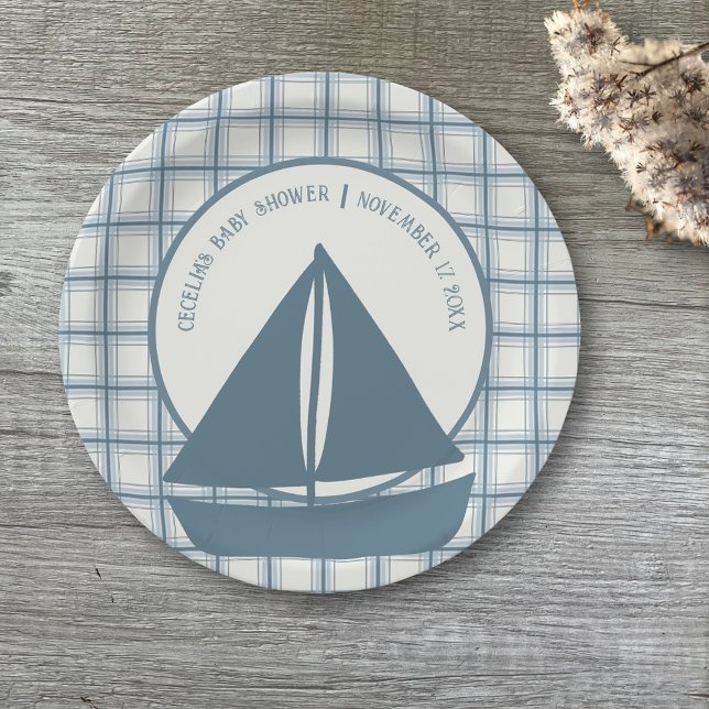 Blue Sailboat Boy Nautical Baby Shower Paper Plate (Creator Uploaded)