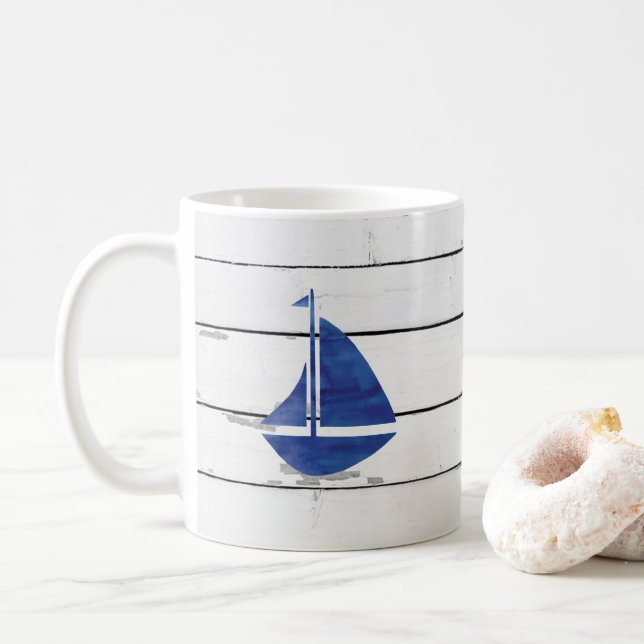 Blue Sailboat Nautical Shiplap Rustic Coffee Mug (With Donut)