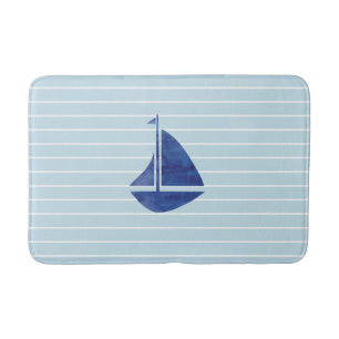 Blue Sailboat Painting Stripe Coastal Bath Mat