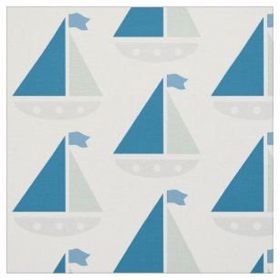 Blue Sailboat Pattern Nautical White Fabric
