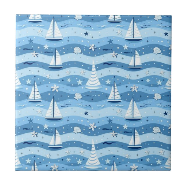 Blue Sailboats Nautical Tile (Front)