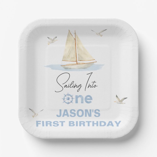 Blue Sailing Boat Sailing Into One 1st Birthday Paper Plate (Front)