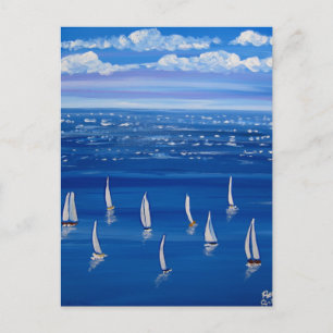 Blue Sailing Sailboats Folk Art Post Card