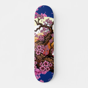 Blue Sakura Blossom Sunset Japanese Aesthetic Skateboard
