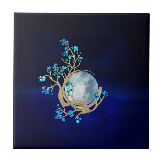 Blue Sakura Blossom Zen Moon Tile (Front)