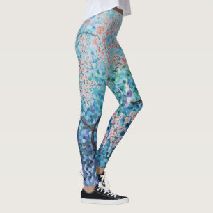 blue sakura cherry blossom floral painting yoga leggings