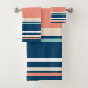 Blue, Salmon and Turquoise Stripes  Bath Towel Set