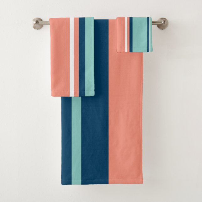 Blue, Salmon and Turquoise Stripes  Bath Towel Set (Insitu)