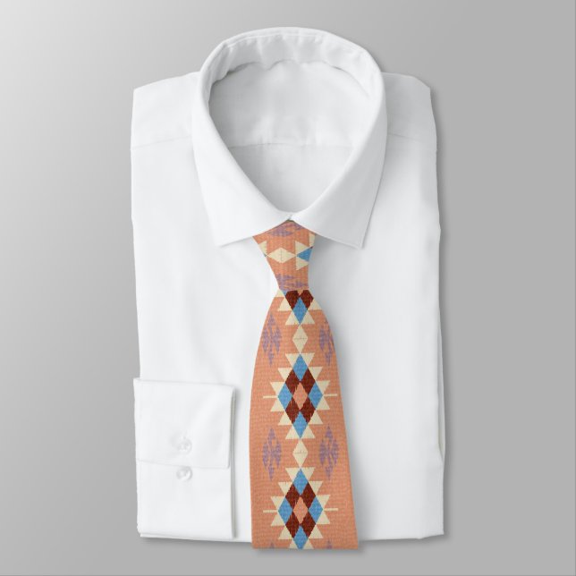 Blue Salmon Oriental Tribal Aztec Mosaic Design Tie (Tied)