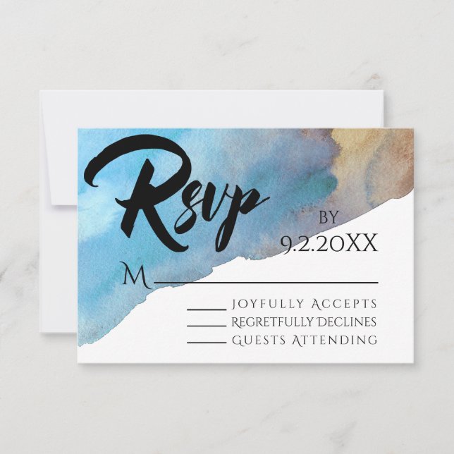 Blue & Sand Abstract Beach Watercolor RSVP Card (Front)