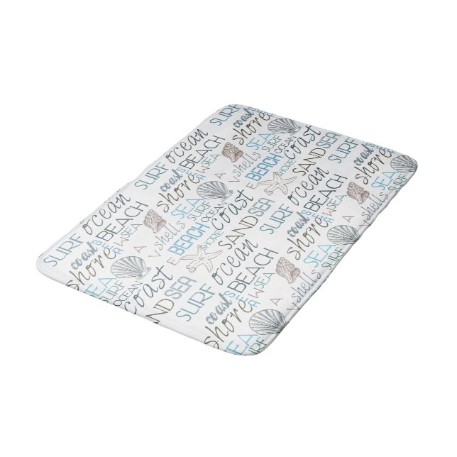 Blue Sand Beach Theme Shells Words Bath Mat (Angled)