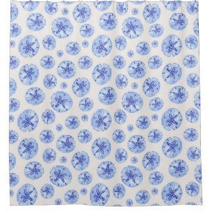 Blue sand dollars on ivory shower curtain