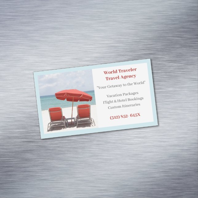Blue Sand Red Chairs Agency Travel Agent Beach Magnetic Business Card (In Situ)