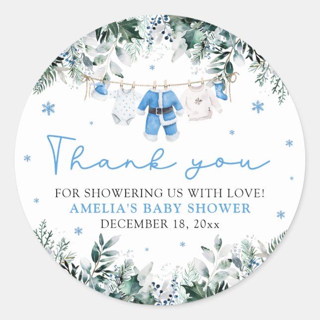Blue Santa Baby Clothesline Christmas Baby Shower Classic Round Sticker (Front)