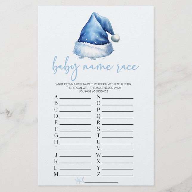 Blue Santa Christmas Name Race Baby Shower Game Stationery (Front)