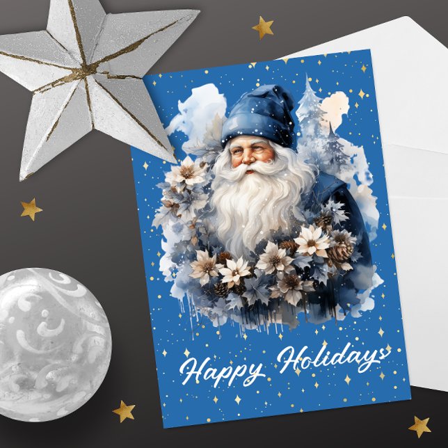 Blue Santa Floral Holiday Card (Creator Uploaded)