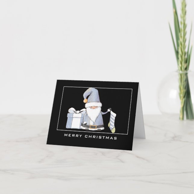 Blue Santa Gnome with Stocking & Gift Christmas Card (Front)