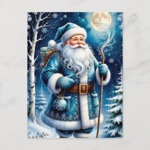 Blue Santa Walking Through Snowy Forest Under Full Postcard