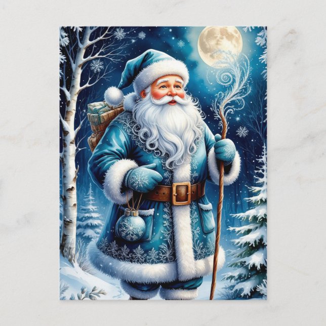Blue Santa Walking Through Snowy Forest Under Full Postcard (Front)