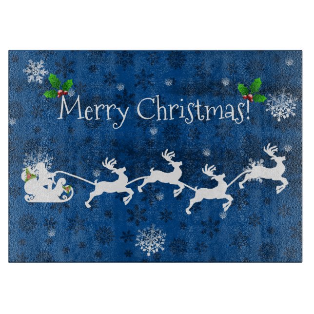 Blue Santa's Sleigh and Reindeer Cutting Board (Front)