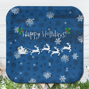Blue Santa's Sleigh and Reindeer Paper Plate
