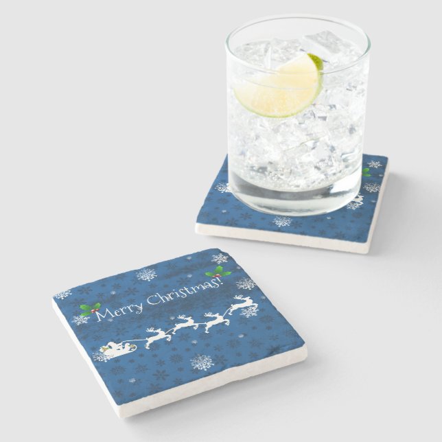 Blue Santa's Sleigh and Reindeer Stone Coaster (Side)