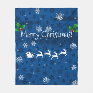 Blue Santa's Sleigh and Reindeer Throw Blanket