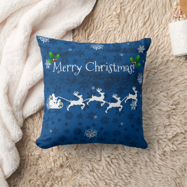 Blue Santa's Sleigh and Reindeer Throw Pillow (Blanket)