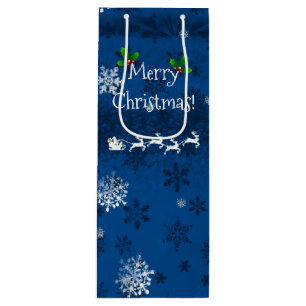 Blue Santa's Sleigh and Reindeer Wine Gift Bag
