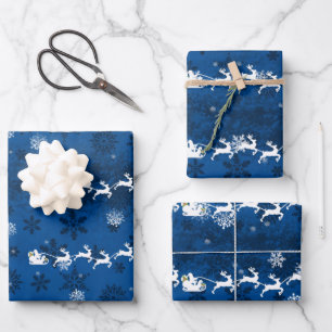 Blue Santa's Sleigh and Reindeer Wrapping Paper