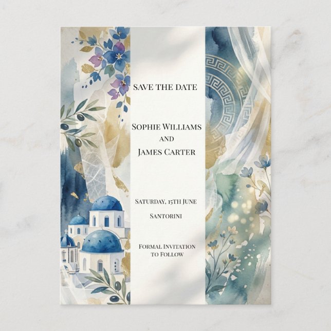 Blue Santorini Floral Save The Date Postcard (Front)