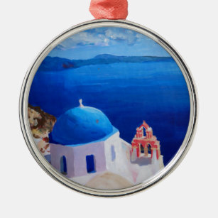 Blue Santorini, Greece - View from Oia Metal Tree Decoration