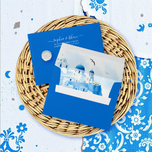 Blue Santorini Greece watercolor landscape wedding Envelope