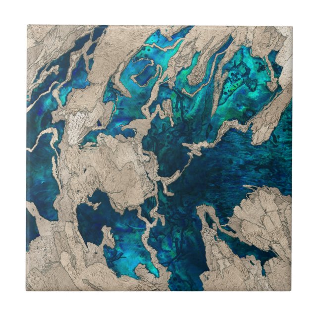 Blue Sapphire and Cement Mixed media abstract Tile (Front)