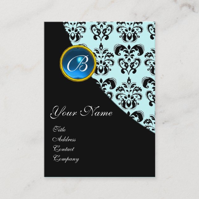 BLUE SAPPHIRE DAMASK MONOGRAM BUSINESS CARD (Front)