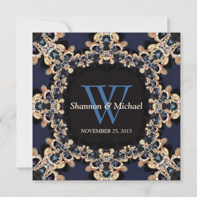 Blue Sapphire Gems Monogram Wedding Invitations (Front)