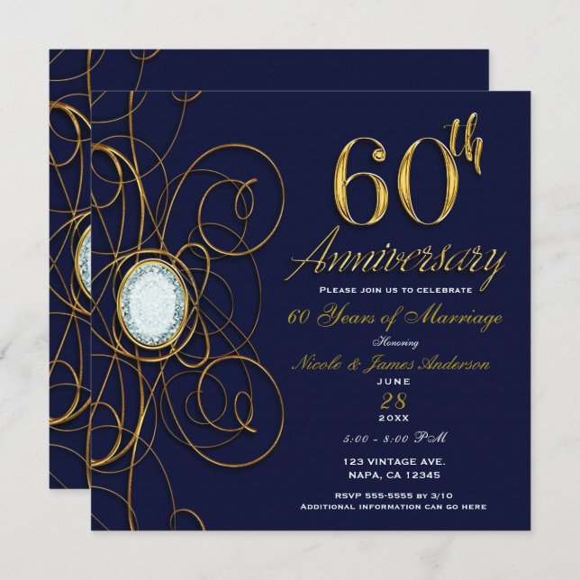 Blue Sapphire & Gold Diamond 60 60th Anniversary Invitation (Front/Back)