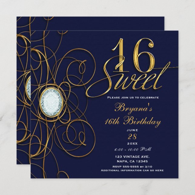 Blue Sapphire Gold Diamond Sweet 16 16th Birthday Invitation (Front/Back)