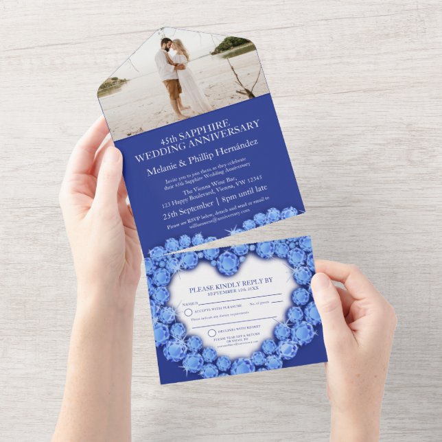 Blue sapphire heart 45th wedding anniversary photo all in one invitation (Tearaway)