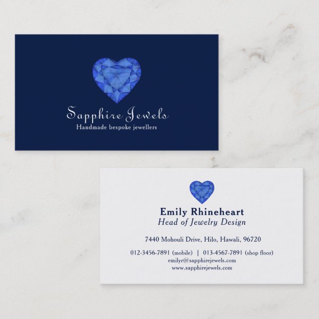 Blue sapphire heart jewel jewellery business card (Front/Back)