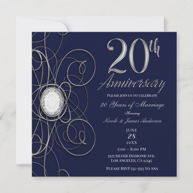 Blue Sapphire & Silver Diamond 20 20th Anniversary Invitation (Front)