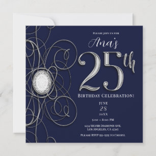 Blue Sapphire & Silver Diamond 25 25th Birthday Invitation